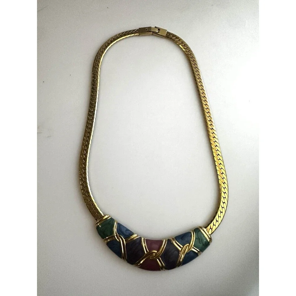 Vintage 80s Gold Tone Herringbone Necklace Colorful Enamel Statement